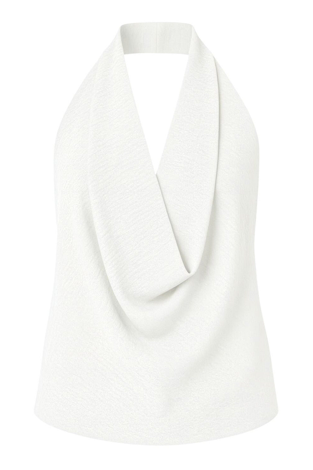 Top de cuello halter con escote fluido, fit recto, sin mangas y escote en espalda.