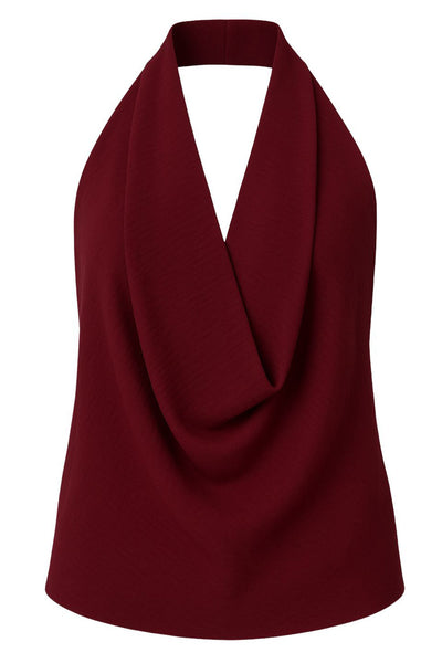 Top de cuello halter con escote fluido, fit recto, sin mangas y escote en espalda.