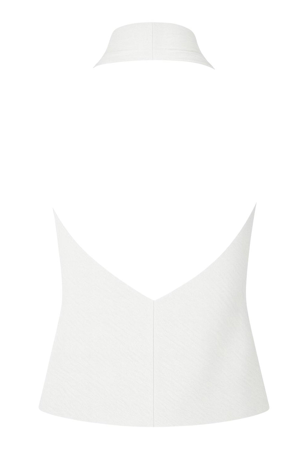 Top de cuello halter con escote fluido, fit recto, sin mangas y escote en espalda.