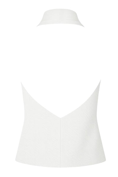 Top de cuello halter con escote fluido, fit recto, sin mangas y escote en espalda.