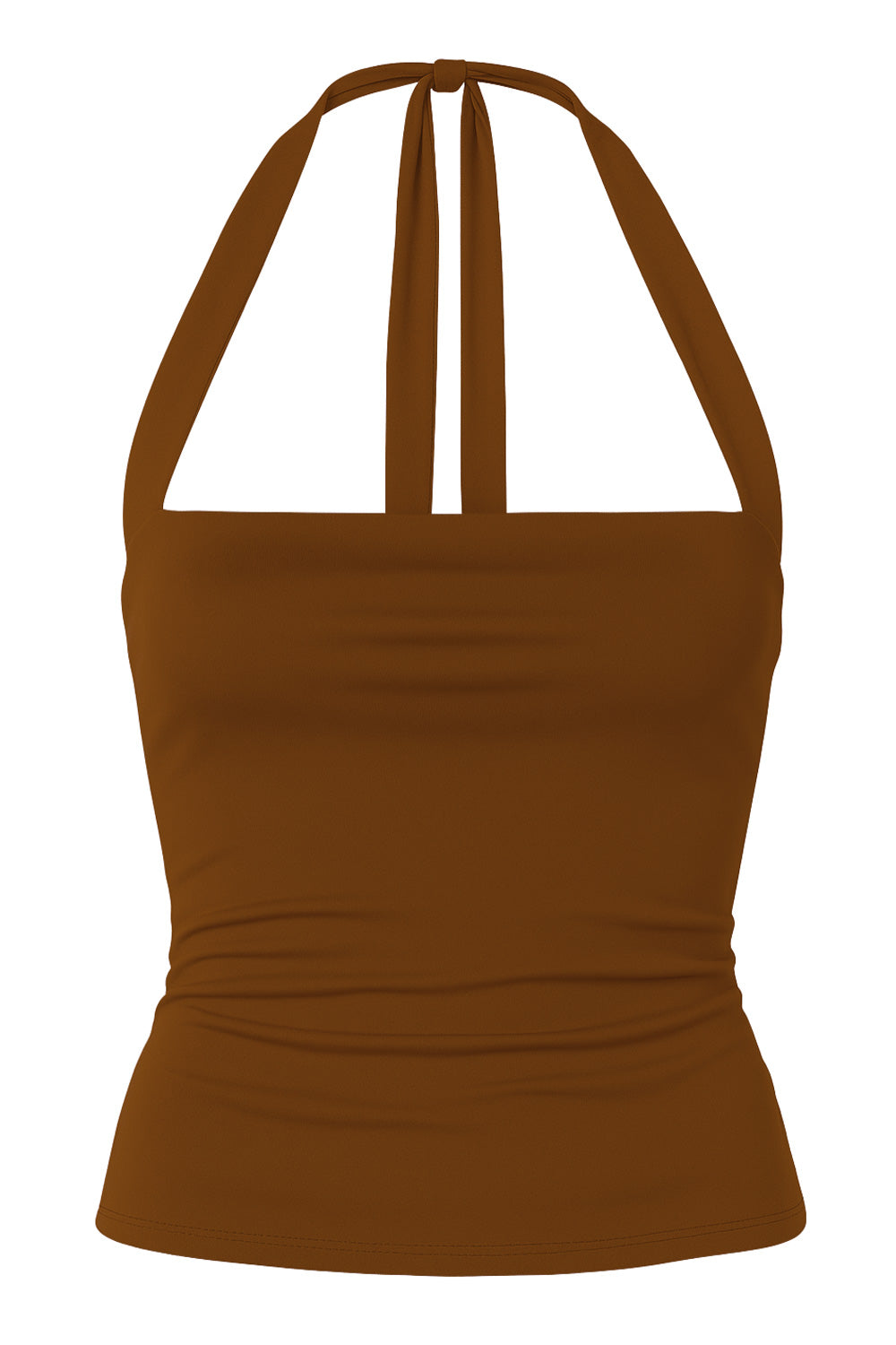 Top de fit ajustado, escote recto y cuello halter con nudo amarrable posterior.