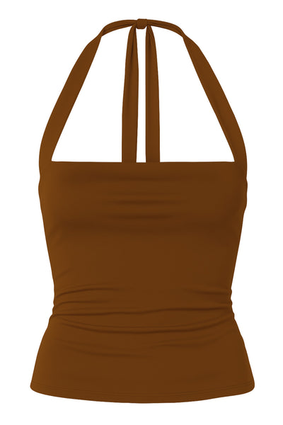 Top de fit ajustado, escote recto y cuello halter con nudo amarrable posterior.