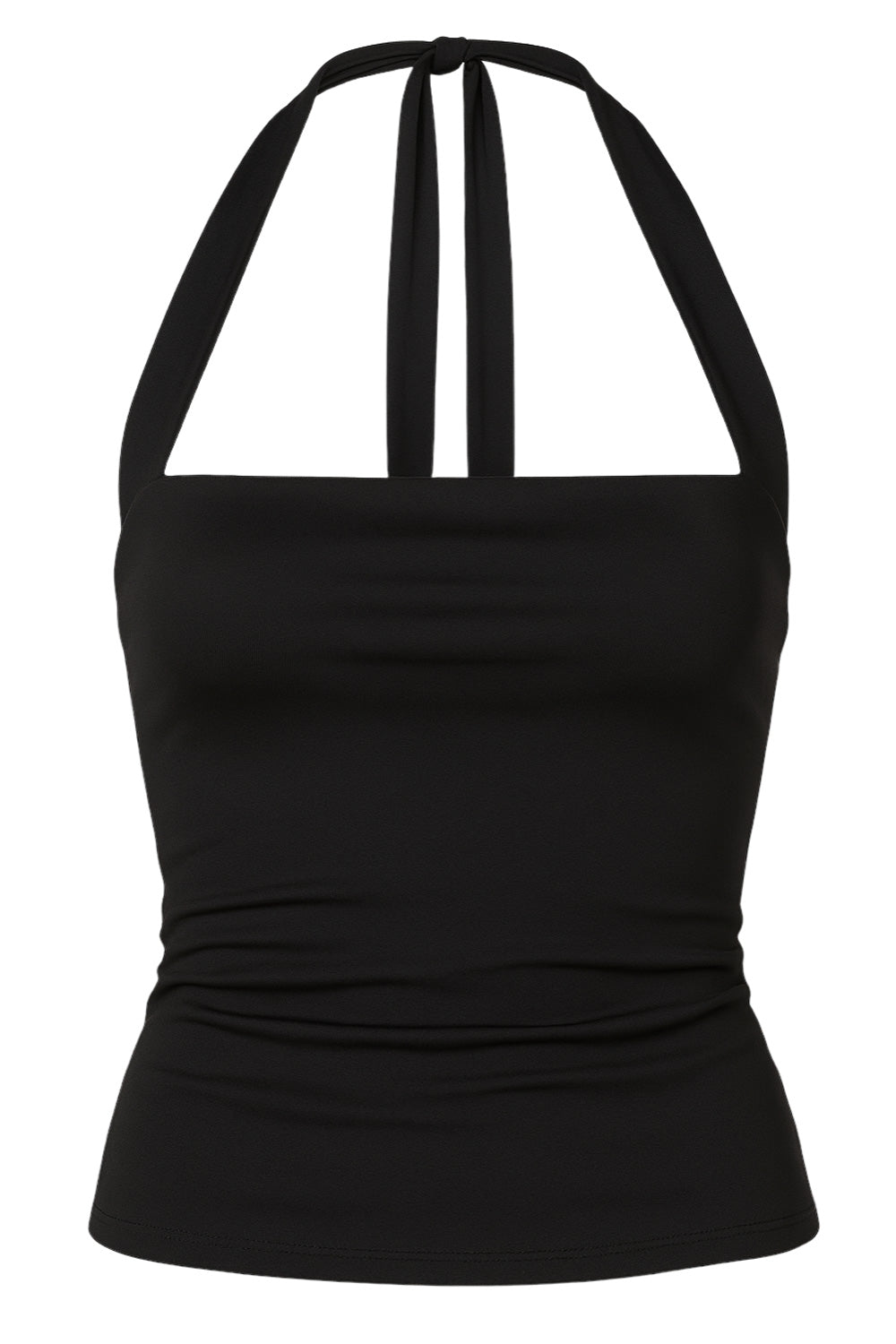 Top de fit ajustado, escote recto y cuello halter con nudo amarrable posterior.