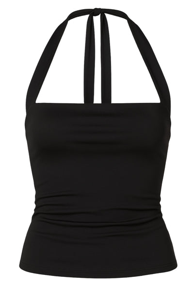 Top de fit ajustado, escote recto y cuello halter con nudo amarrable posterior.