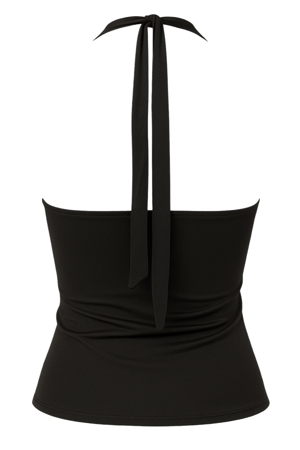 Top de fit ajustado, escote recto y cuello halter con nudo amarrable posterior.