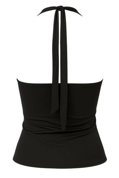 Top de fit ajustado, escote recto y cuello halter con nudo amarrable posterior.