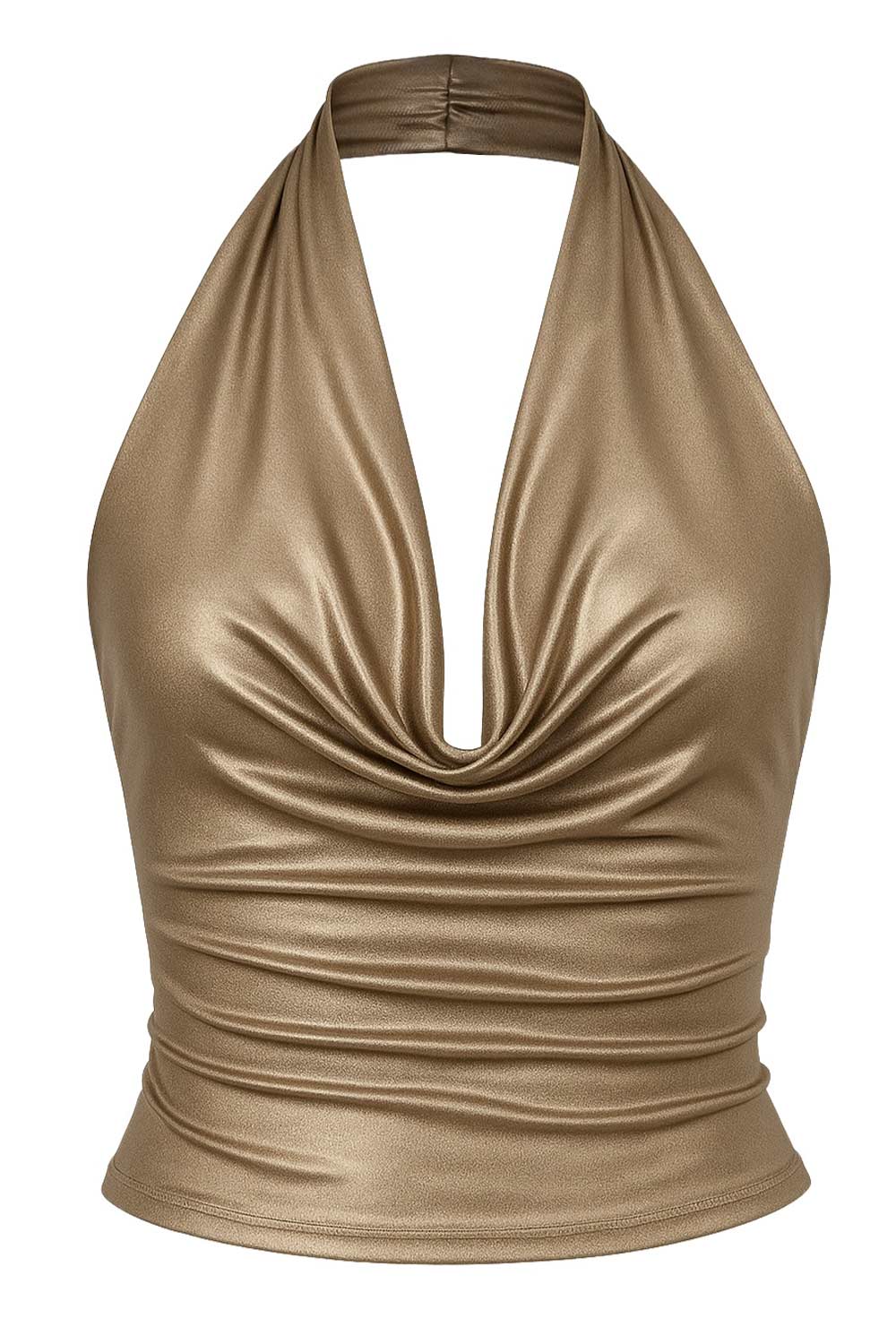 Top halter metálico de fit ajustado, escote fluido, sin mangas y detalles plisados posteriores.