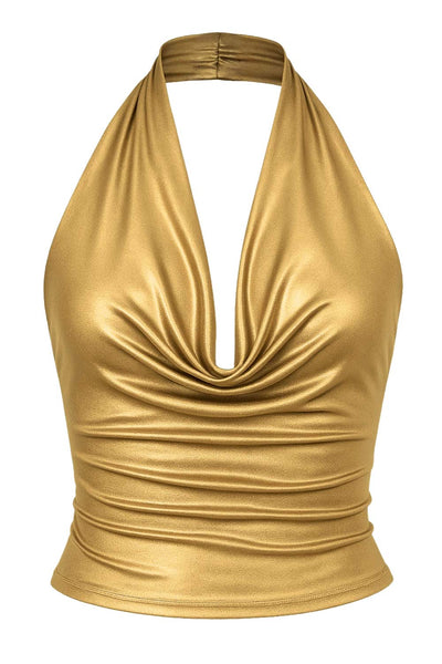 Top halter metálico de fit ajustado, escote fluido, sin mangas y detalles plisados posteriores.
