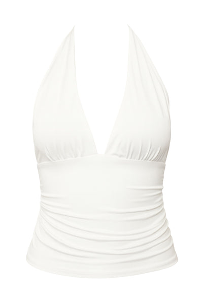 Top ajustado de cuello halter con lazado amarrable posterior, escote v con cortes y plisados frontales, escote en espalda y plisados en costados.