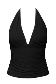 Top ajustado de cuello halter con lazado amarrable posterior, escote v con cortes y plisados frontales, escote en espalda y plisados en costados.
