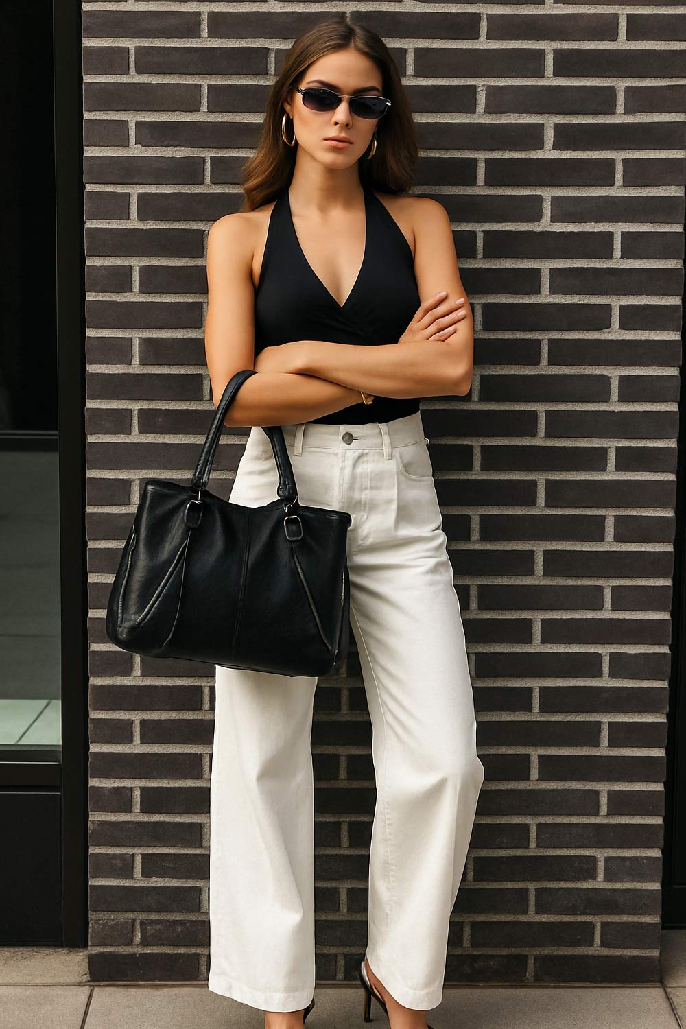 Top corto halter de fit ajustado, escote v cruzado con cortes, plisados decorativos y lazo amarrable posterior.