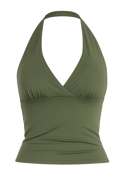 Top corto halter de fit ajustado, escote v cruzado con cortes, plisados decorativos y lazo amarrable posterior.