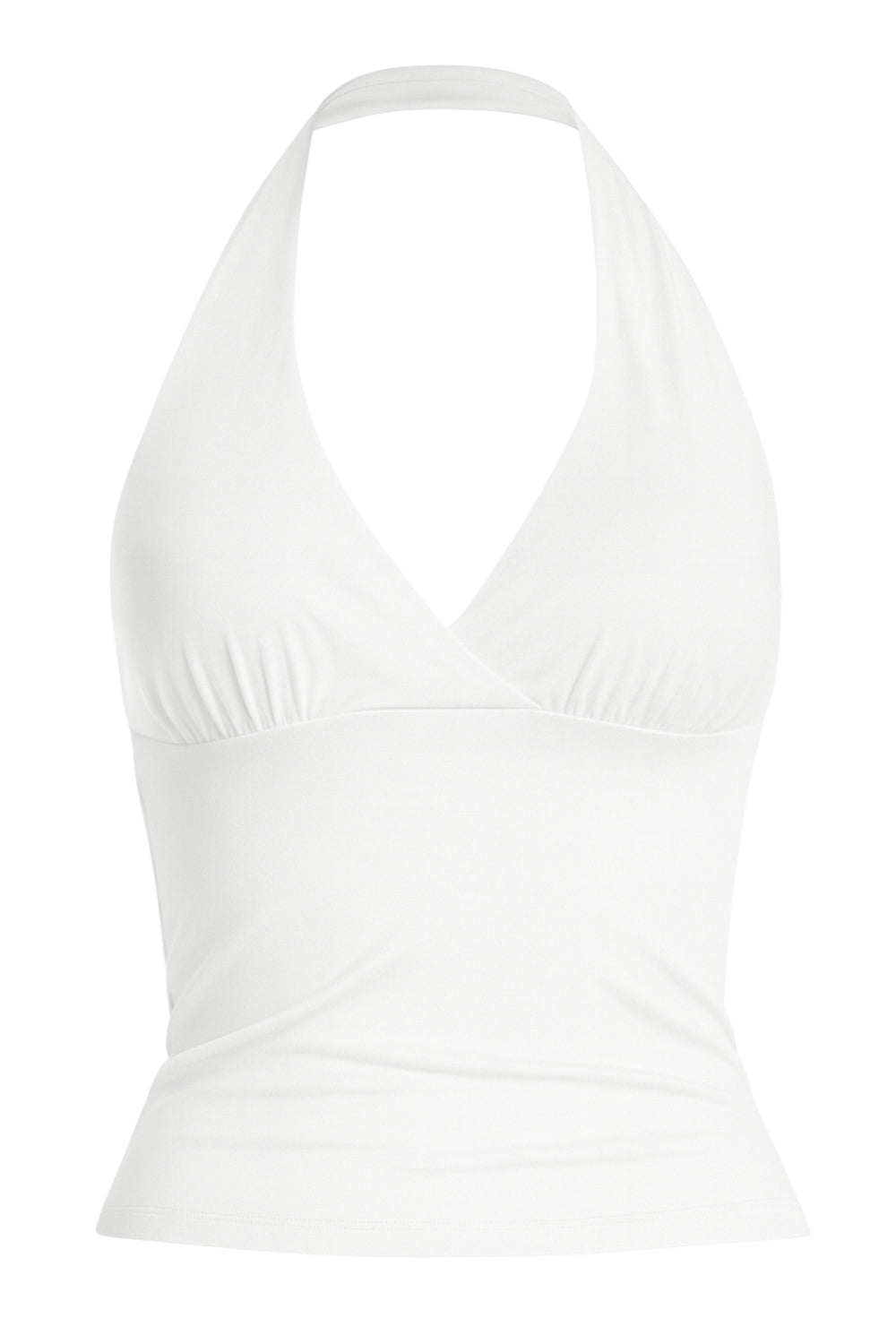 Top corto halter de fit ajustado, escote v cruzado con cortes, plisados decorativos y lazo amarrable posterior.