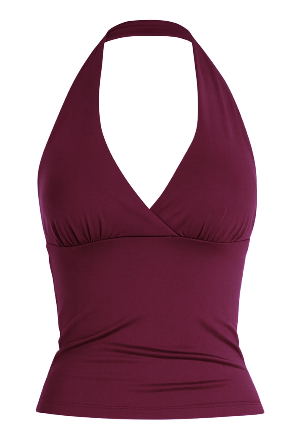 Top corto halter de fit ajustado, escote v cruzado con cortes, plisados decorativos y lazo amarrable posterior.