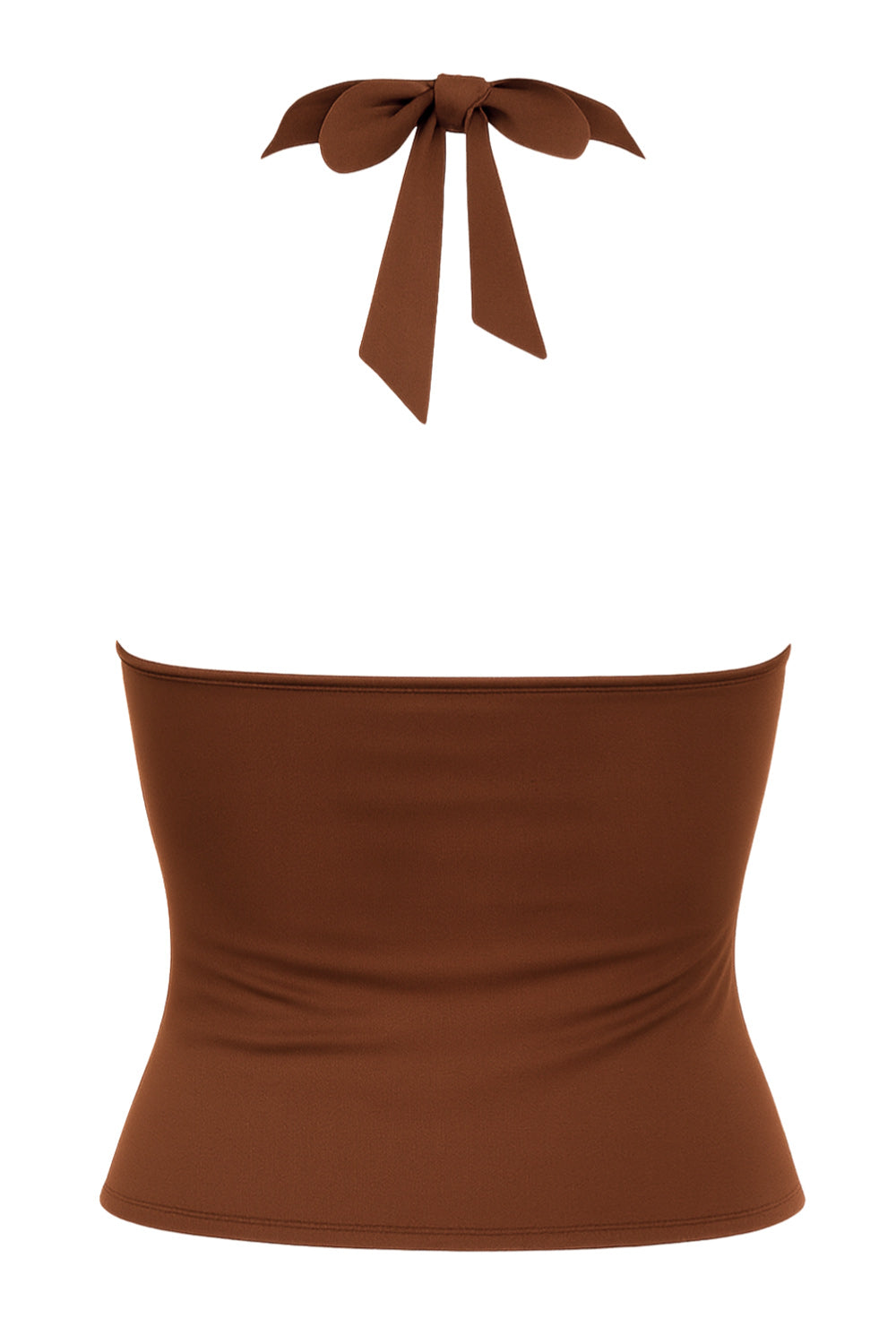 Top corto halter de fit ajustado, escote v cruzado con cortes, plisados decorativos y lazo amarrable posterior.