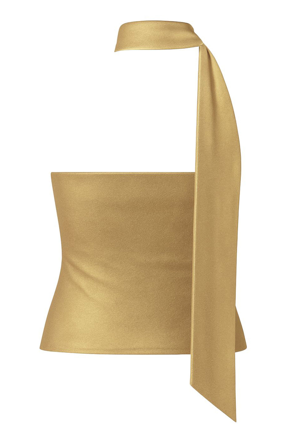 Top metálico de fit ajustado, sin mangas, escote en espalda, cuello halter con plisados y nudo amarrable.