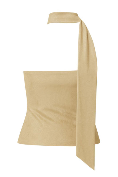 Top metálico de fit ajustado, sin mangas, escote en espalda, cuello halter con plisados y nudo amarrable.