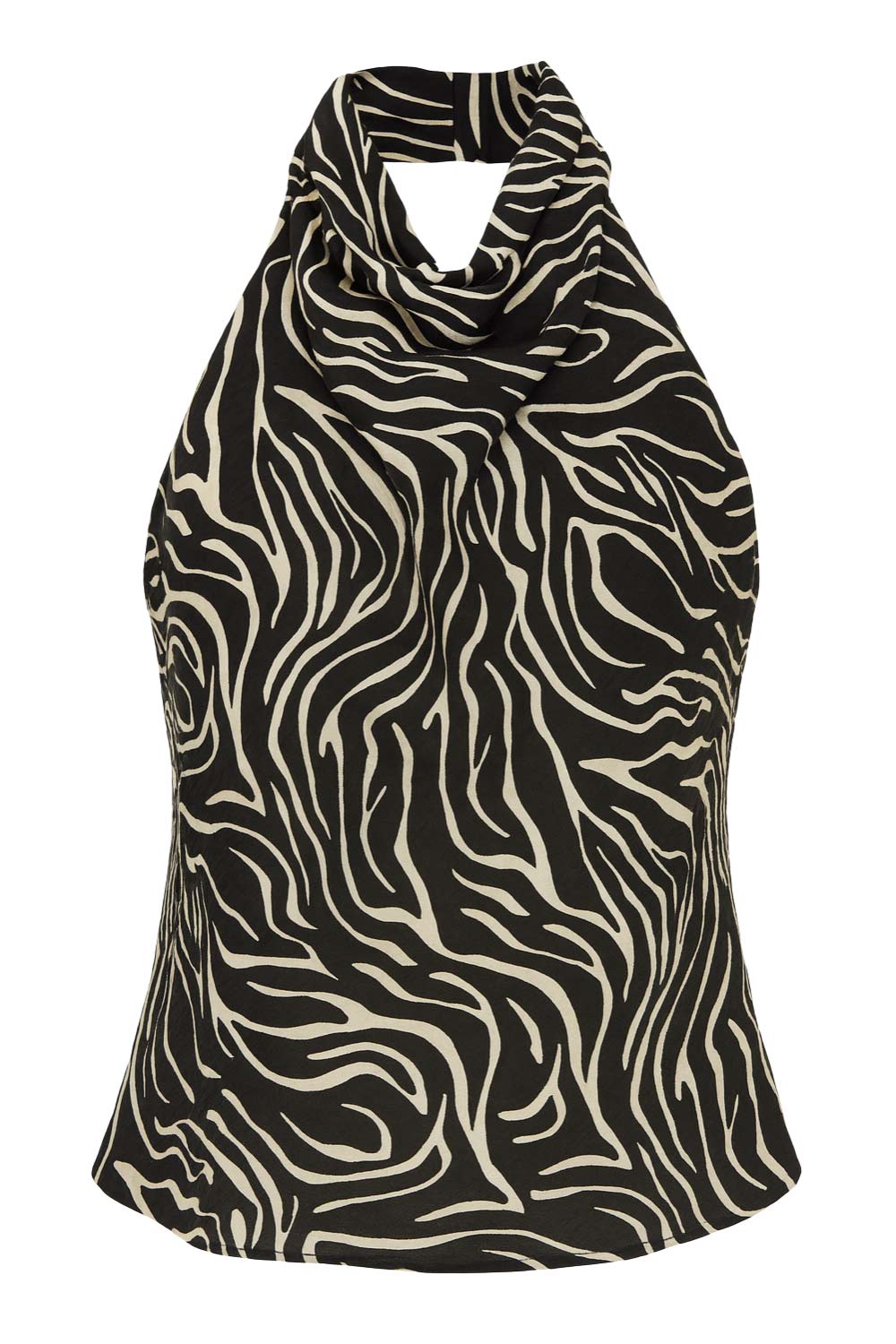 Top corto halter estampado de cuello alto fluido, fit recto, escote en espalda, cierre posterior con botón y ojal.