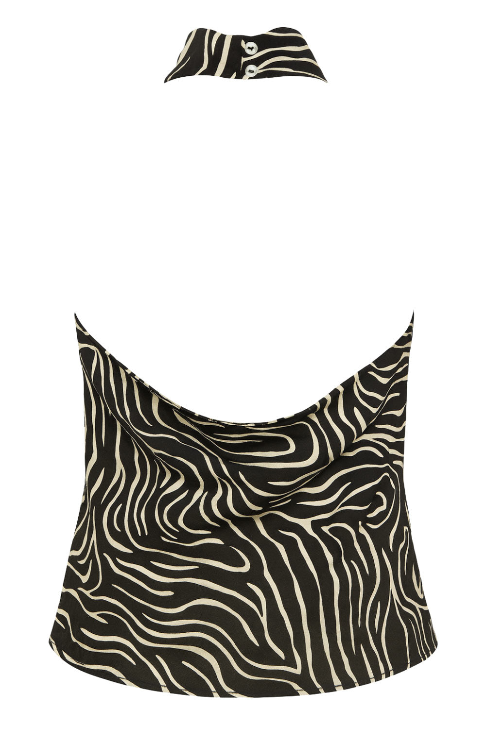 Top corto halter estampado de cuello alto fluido, fit recto, escote en espalda, cierre posterior con botón y ojal.