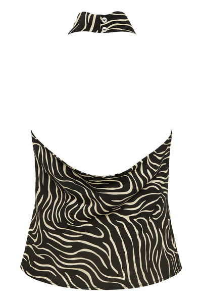 Top corto halter estampado de cuello alto fluido, fit recto, escote en espalda, cierre posterior con botón y ojal.