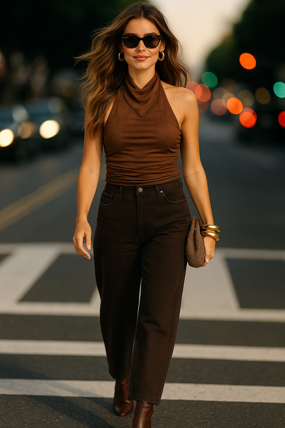 Top halter de gamuza, fit ajustado, cuello alto fluido, sin mangas, plisados y escote en espalda.