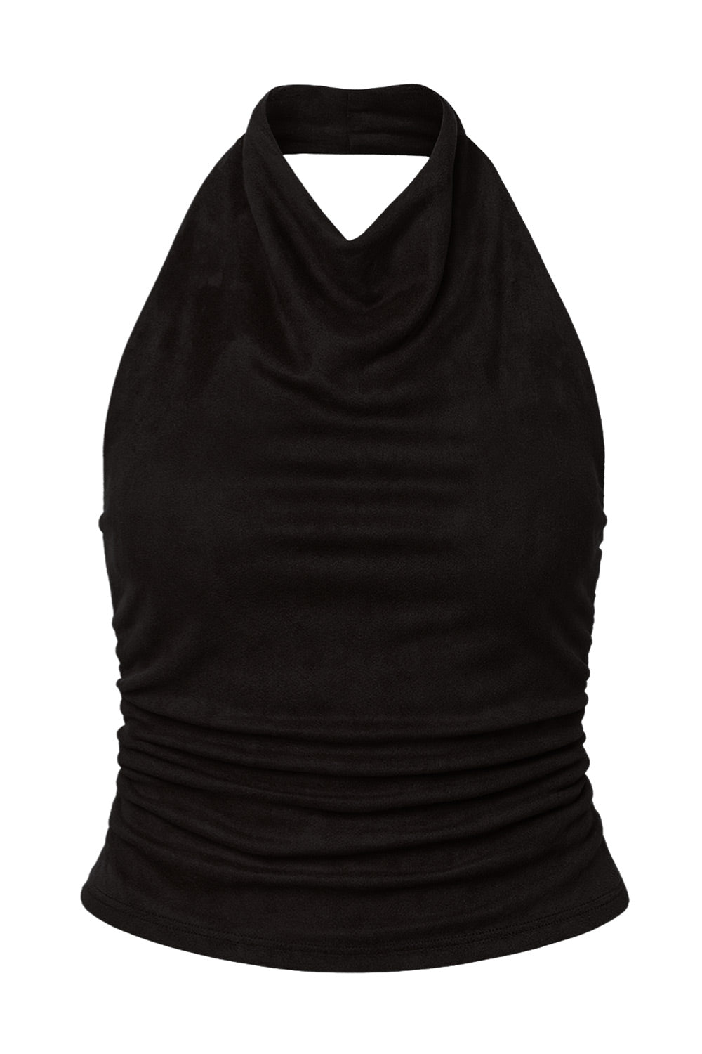 Top halter de gamuza, fit ajustado, cuello alto fluido, sin mangas, plisados y escote en espalda.