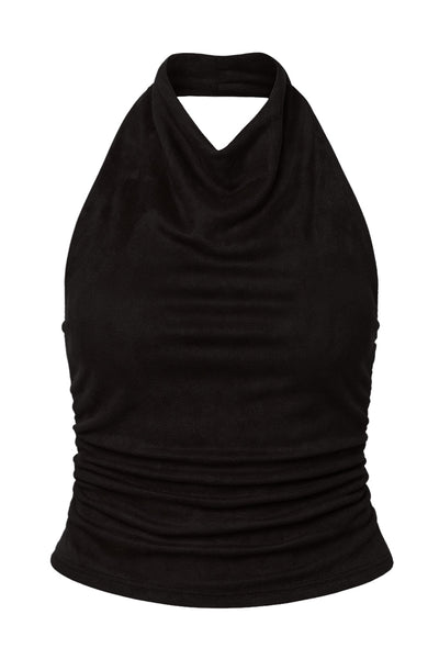 Top halter de gamuza, fit ajustado, cuello alto fluido, sin mangas, plisados y escote en espalda.