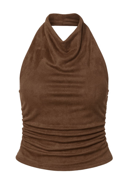 Top halter de gamuza, fit ajustado, cuello alto fluido, sin mangas, plisados y escote en espalda.