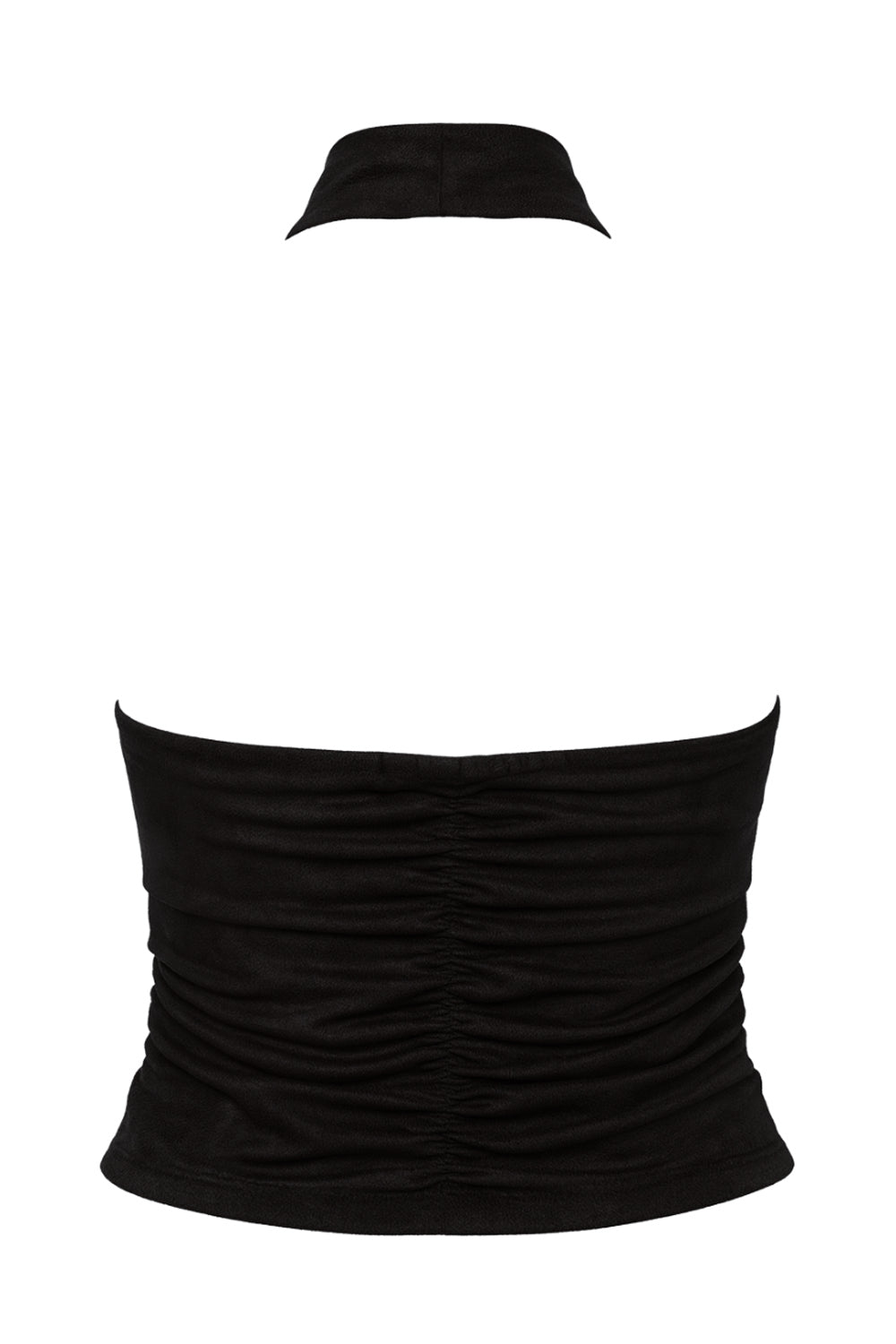 Top halter de gamuza, fit ajustado, cuello alto fluido, sin mangas, plisados y escote en espalda.