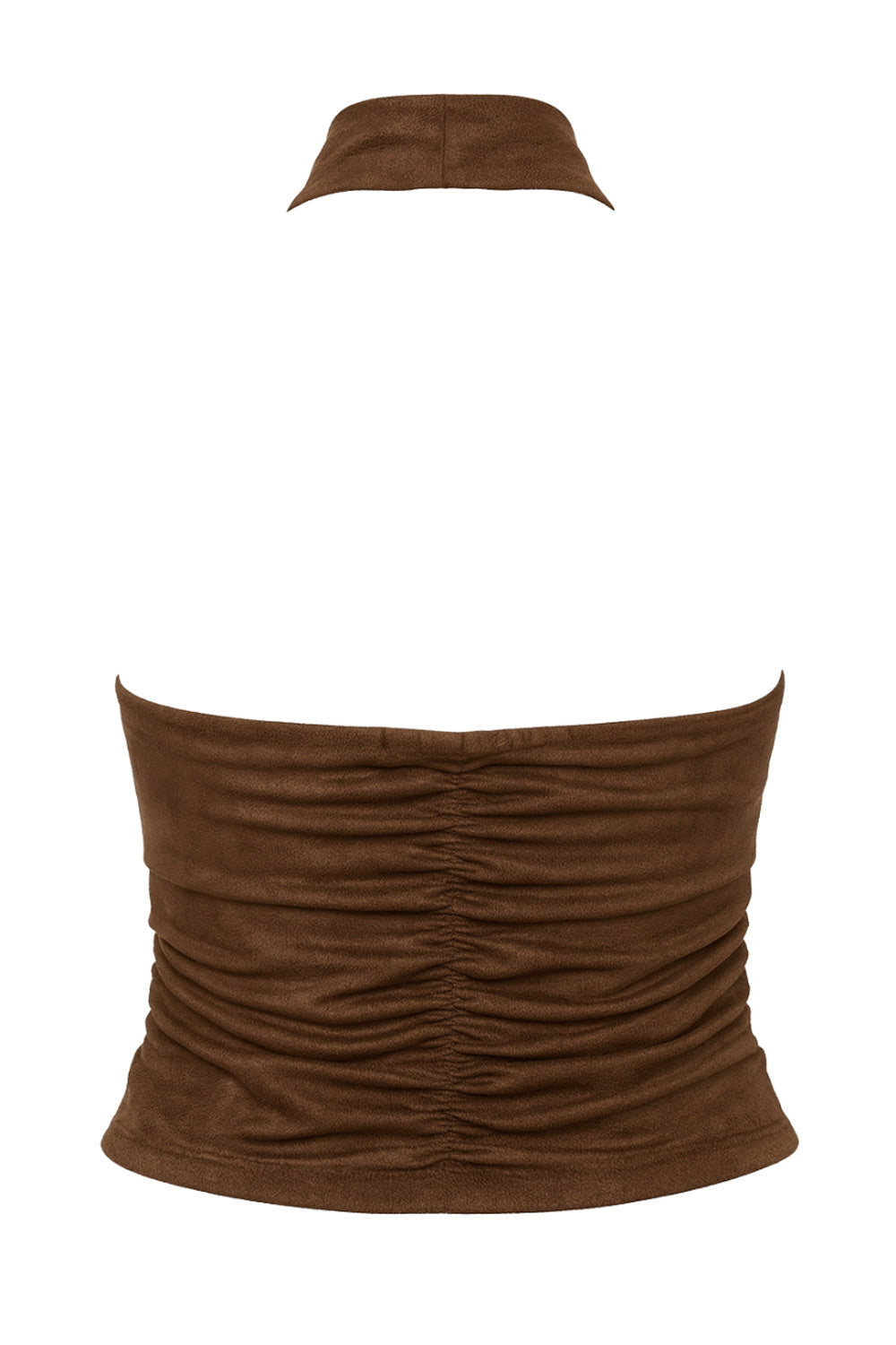 Top halter de gamuza, fit ajustado, cuello alto fluido, sin mangas, plisados y escote en espalda.