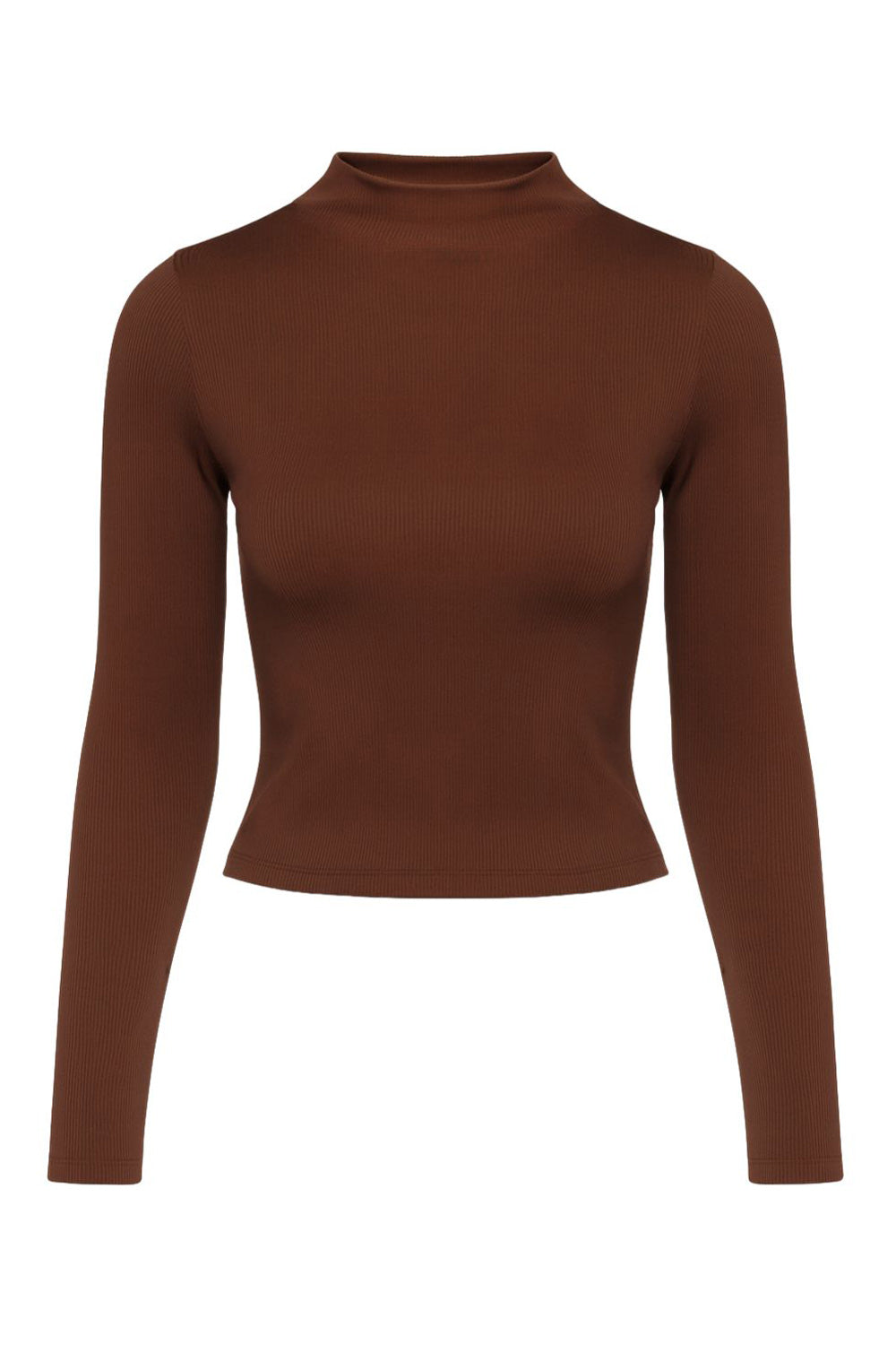 Top básico de canalé, fit ajustado, cuello mock seguido y manga larga.