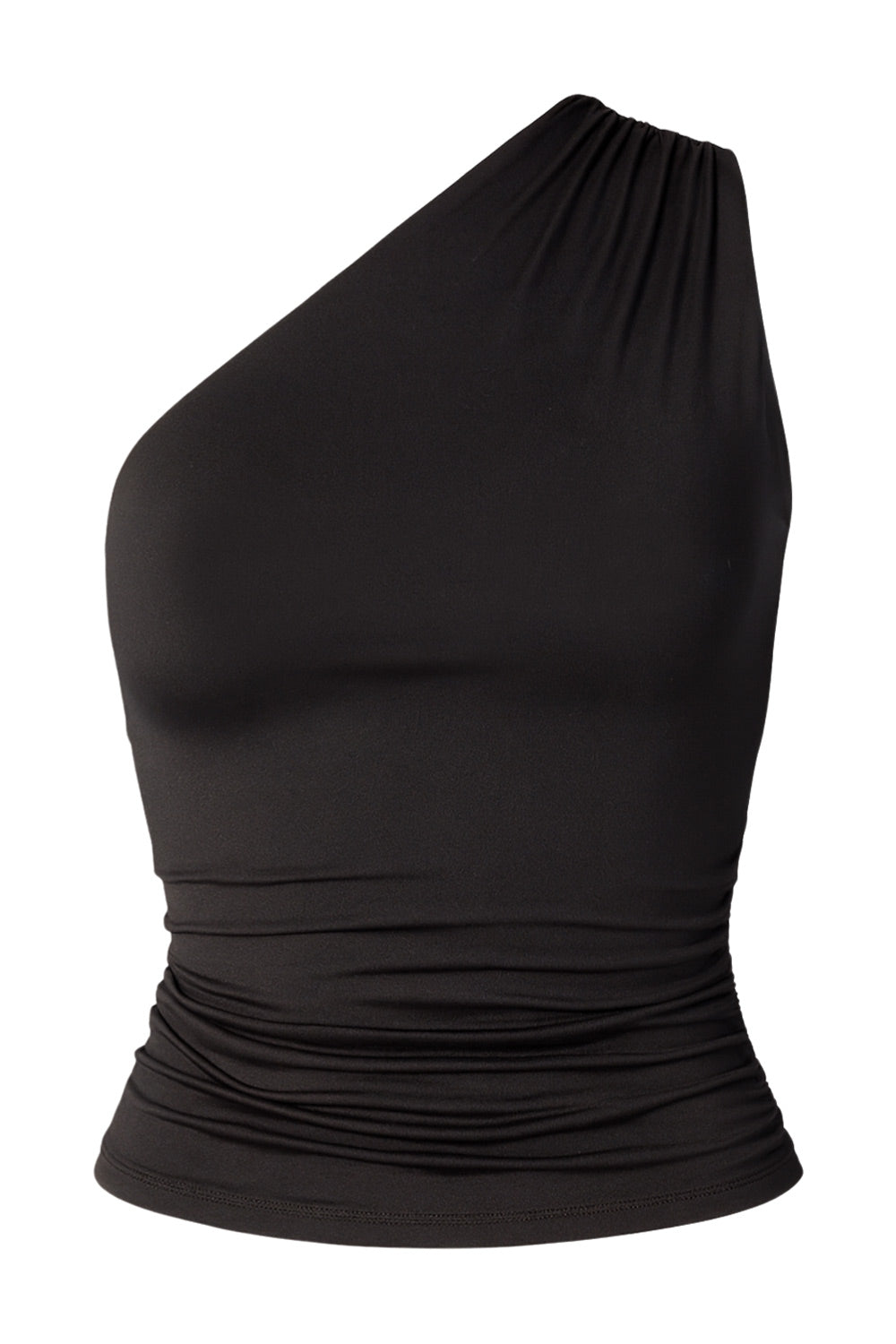 Top asimétrico de fit ajustado, un hombro con plisados, escote diagonal y plisados decorativos laterales.