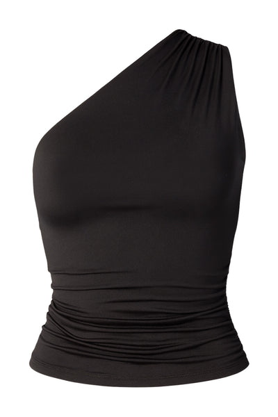 Top asimétrico de fit ajustado, un hombro con plisados, escote diagonal y plisados decorativos laterales.