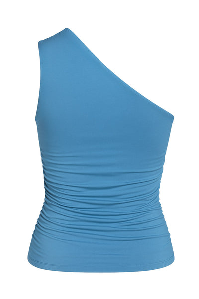 Top asimétrico de fit ajustado, un hombro con plisados, escote diagonal y plisados decorativos laterales.