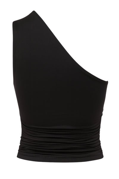 Top asimétrico de fit ajustado, un hombro con plisados, escote diagonal y plisados decorativos laterales.