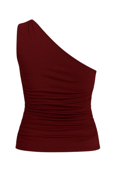 Top asimétrico de fit ajustado, un hombro con plisados, escote diagonal y plisados decorativos laterales.