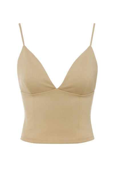 Top corto de fit ajustado, escote v con cortes frontales decorativos, tirantes delgados ajustables y cierre posterior con broches ocultos.