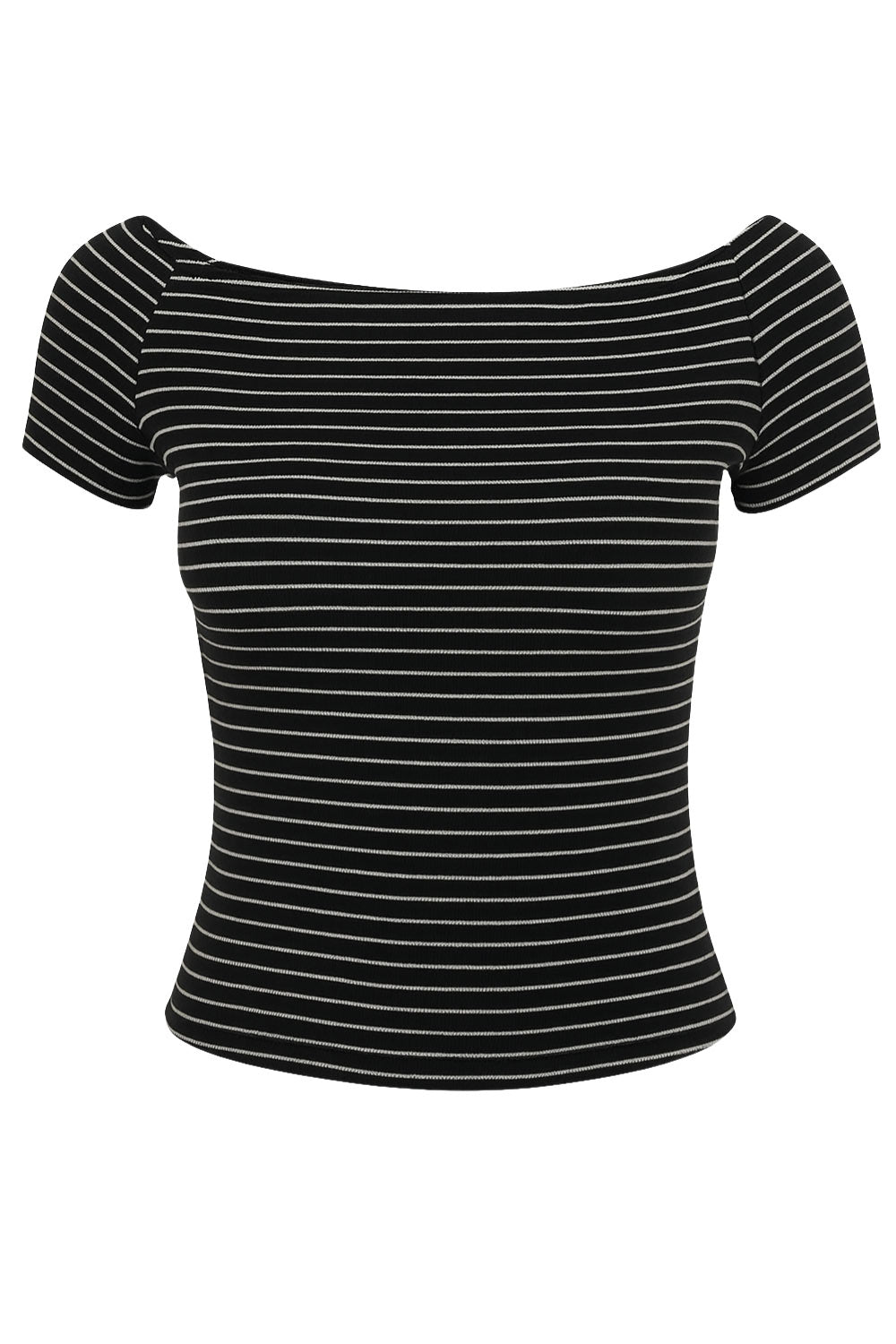 Top básico de fit ajustado, estampado rayas, cuello barco y manga corta.