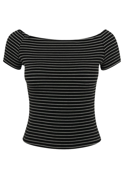 Top básico de fit ajustado, estampado rayas, cuello barco y manga corta.