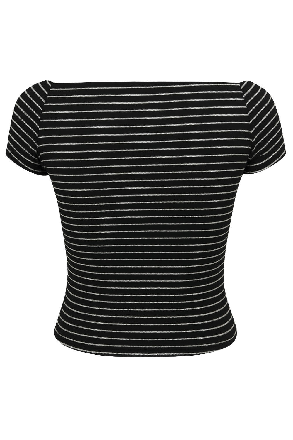 Top básico de fit ajustado, estampado rayas, cuello barco y manga corta.