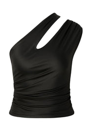 Top corto de fit ajustado, escote diagonal, plisados en costados, asimétrico de un hombro con cut out y plisados decorativos.