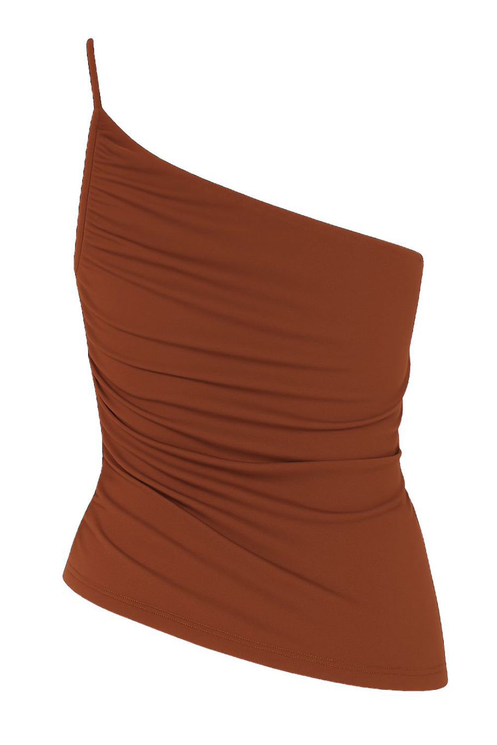 Top asimétrico de fit ajustado, escote diagonal, un tirante delgado, plisados en costados y bajo asimétrico diagonal.