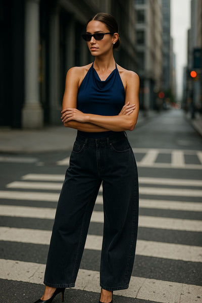 Top corto de cuello halter fluido, sin mangas, fit ajustado y escote en espalda.