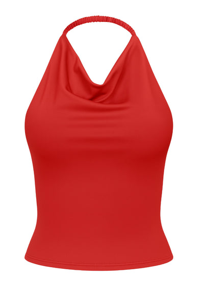 Top corto de cuello halter fluido, sin mangas, fit ajustado y escote en espalda.