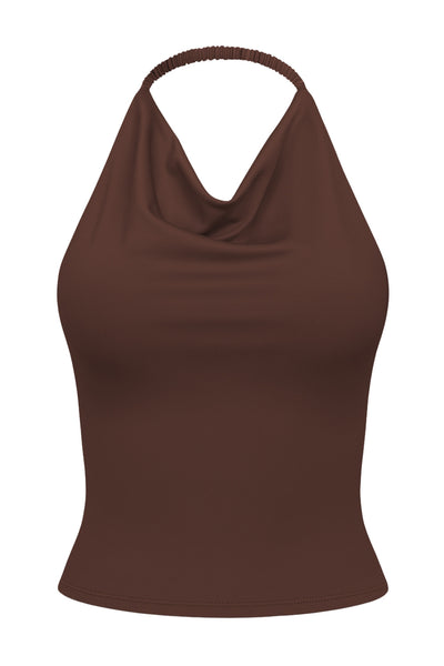 Top corto de cuello halter fluido, sin mangas, fit ajustado y escote en espalda.