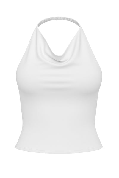 Top corto de cuello halter fluido, sin mangas, fit ajustado y escote en espalda.