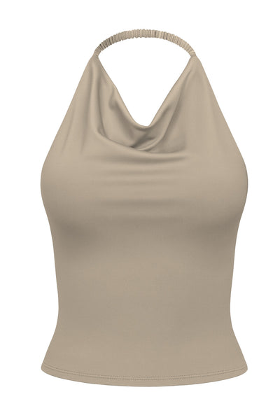 Top corto de cuello halter fluido, sin mangas, fit ajustado y escote en espalda.