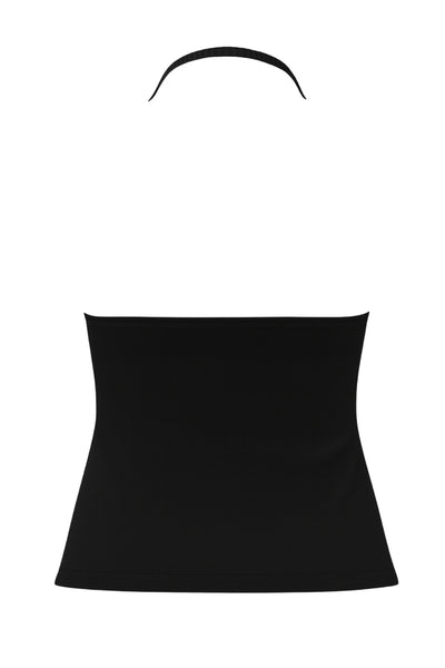 Top corto de cuello halter fluido, sin mangas, fit ajustado y escote en espalda.