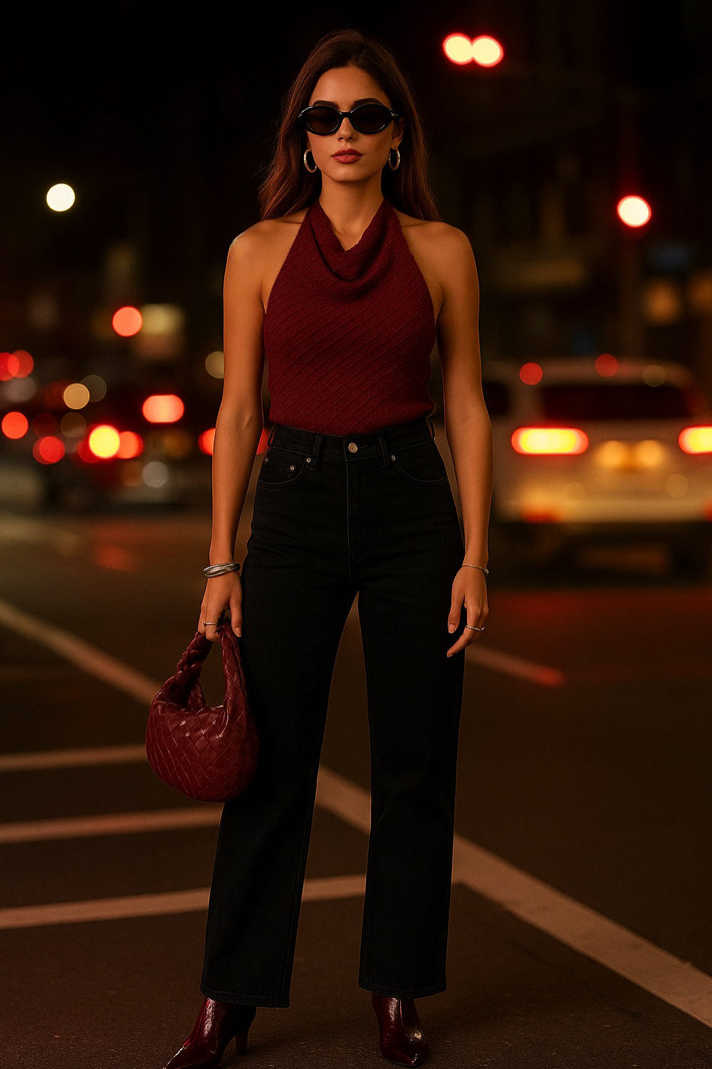 Top corto halter de fit ajustado, cuello fluido, sin mangas, elástico posterior y escote en espalda. Detalle de textura en tejido.