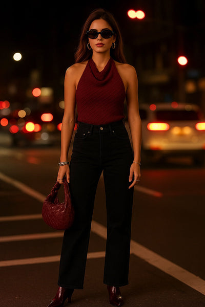Top corto halter de fit ajustado, cuello fluido, sin mangas, elástico posterior y escote en espalda. Detalle de textura en tejido.